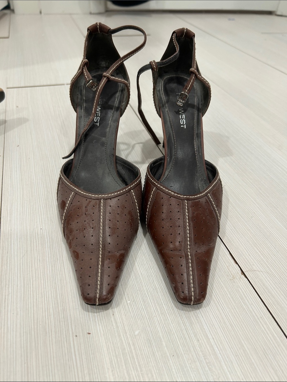 Nine West Brown Perforated Pointed Toe Ankle Strap Heels